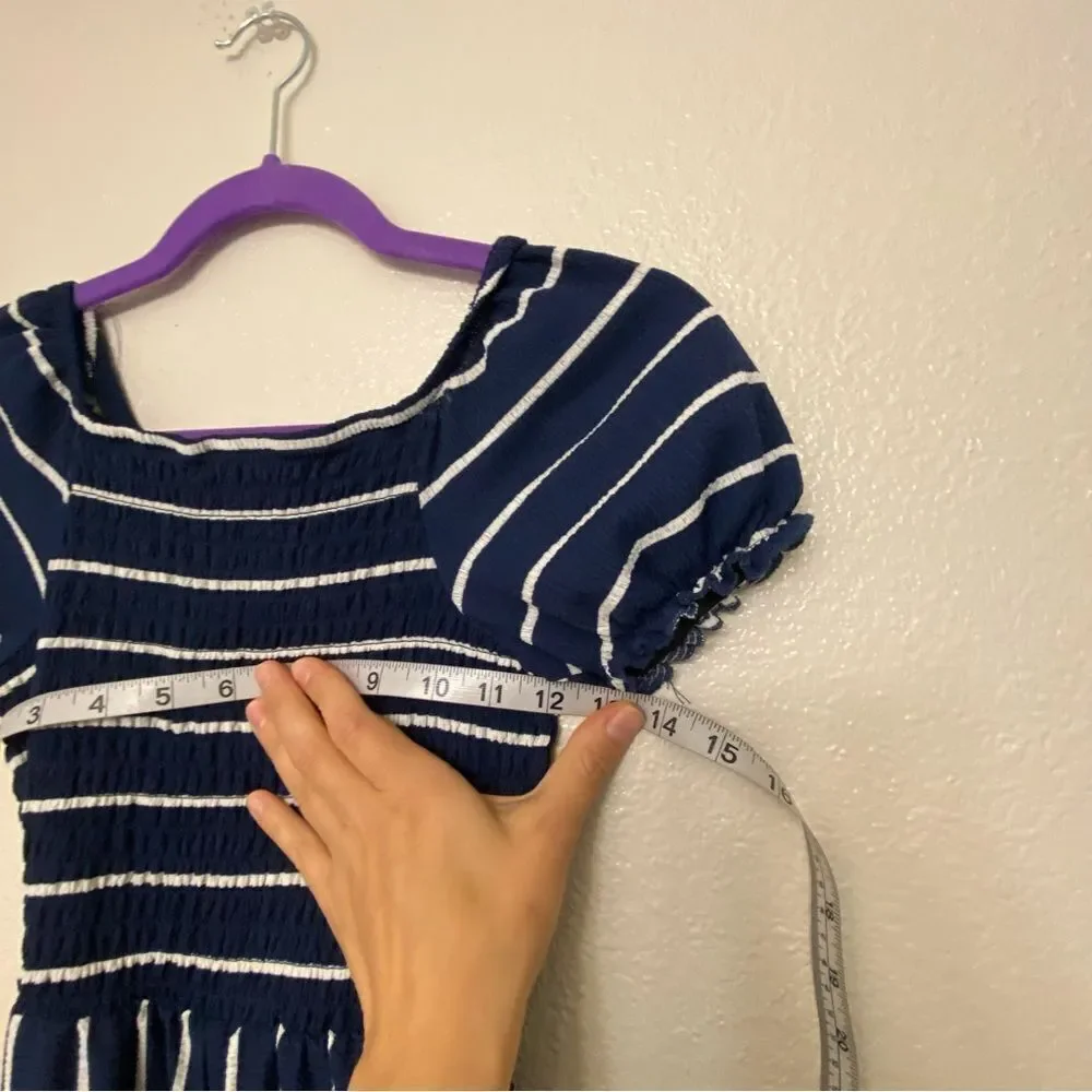 Navy blue puff sleeve wide leg smocked Striped stretchy Jumpsuit Romper 10-12